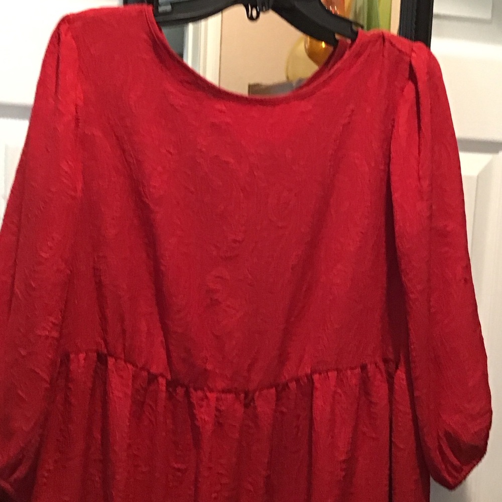 Red Textured Long Sleeve Babydoll Dress